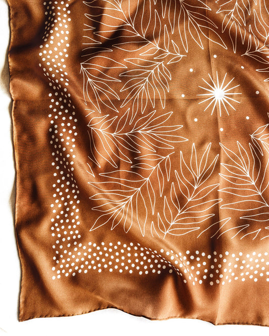 100% Silk Bandana Scarf - Tropical Palms Amber Western Style