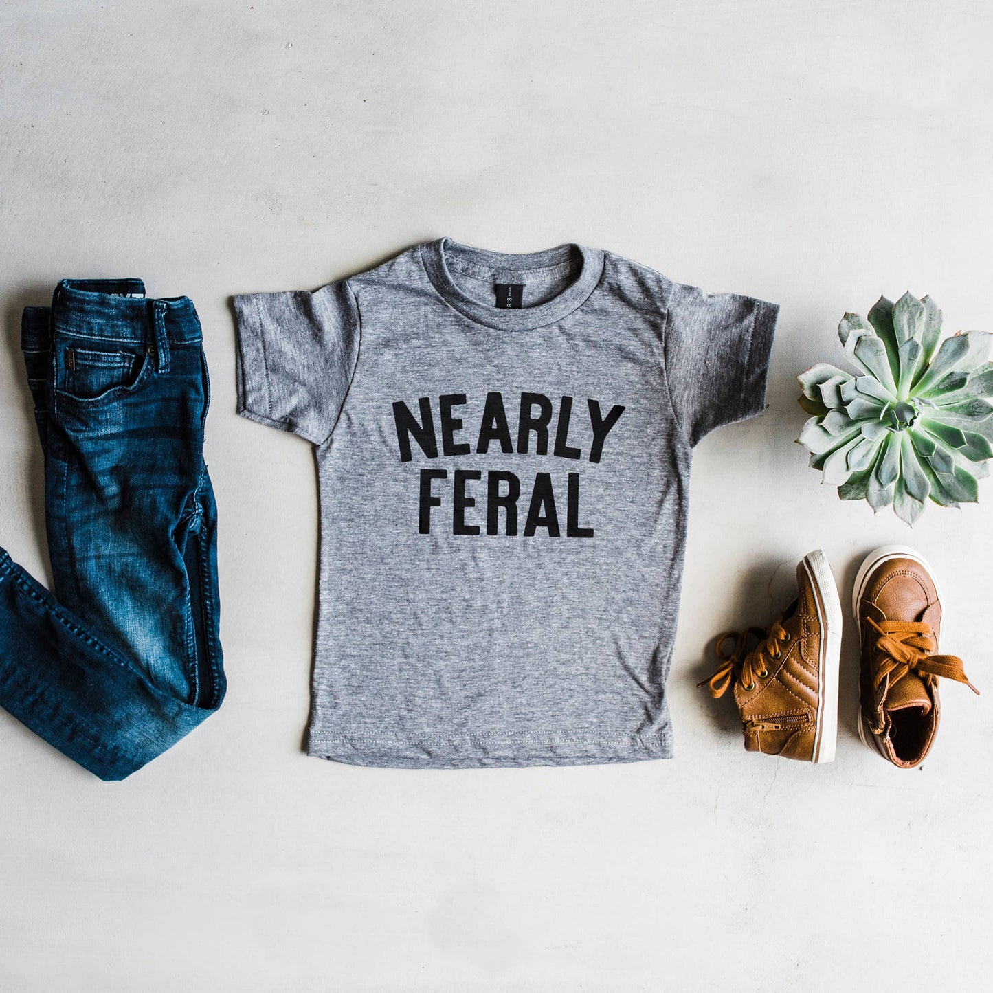 Nearly Feral Kids Tee
• Gray: 4T