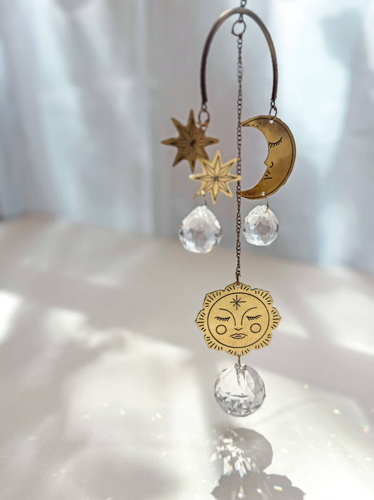 Surya Celestial Moon and Sun Engraved Brass Suncatcher Mobile