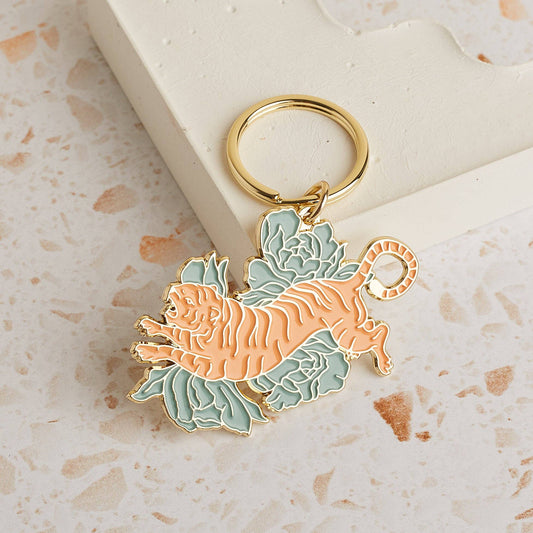 Floral Tigress Enamel Keychain: With backing card