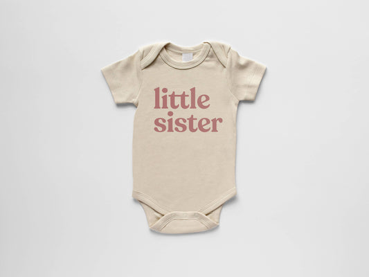 Cream Little Sister Organic Baby Bodysuit • Mauve Ink: 0-3 Months / Short Sleeve