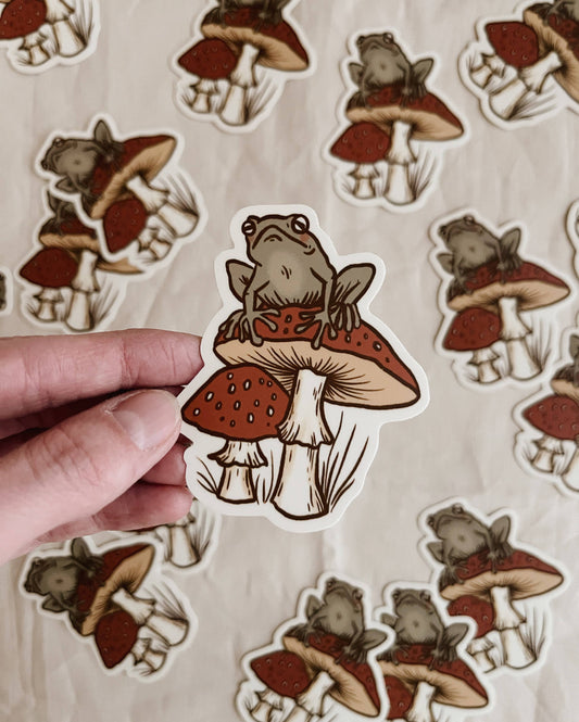 Mushroom & Frog Vinyl Sticker Vintage Style