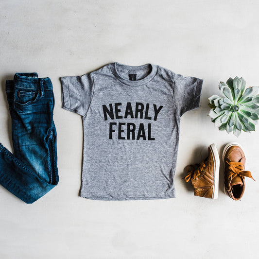 Nearly Feral Kids Tee
• Gray: 4T