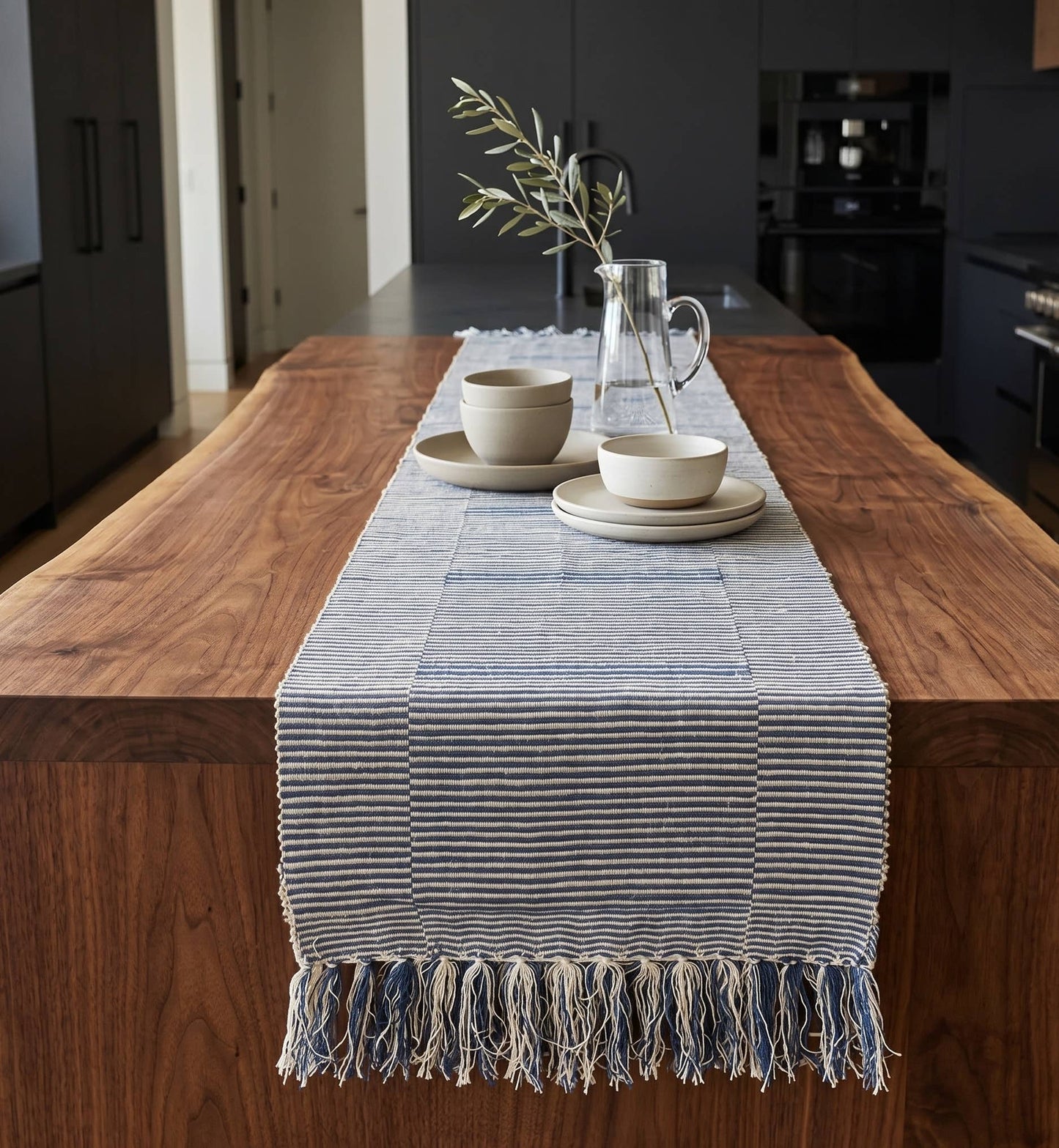 70" Blue Table Runner, Cotton Hand Loomed