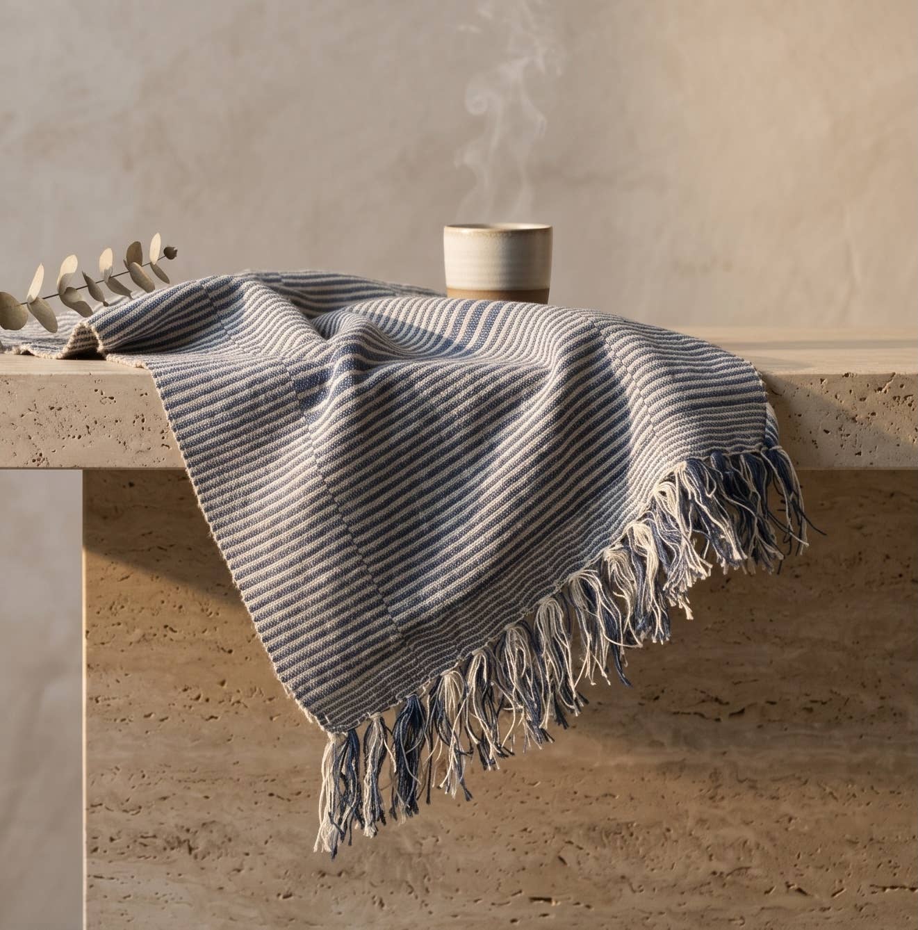 70" Blue Table Runner, Cotton Hand Loomed