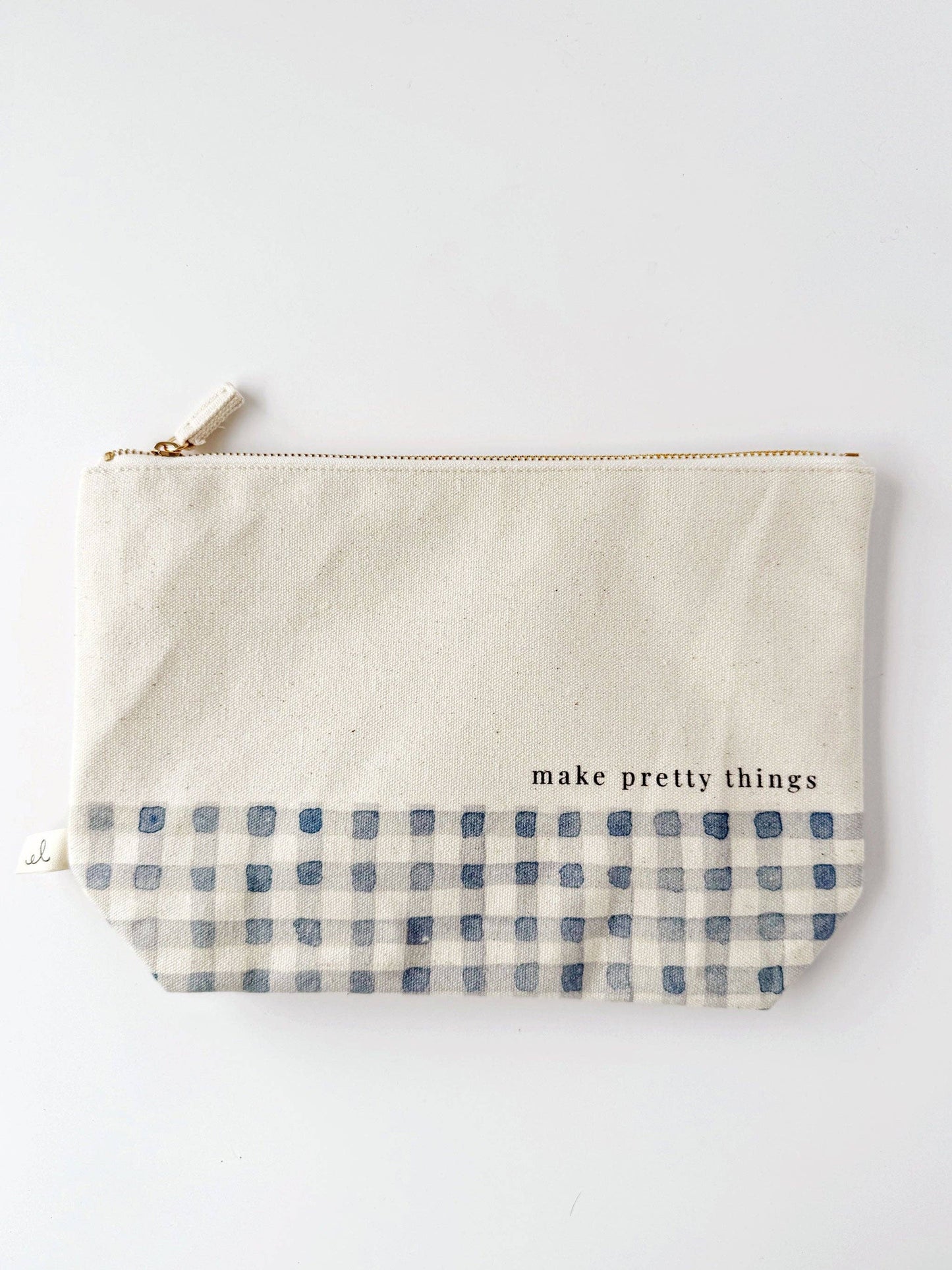 Canvas zipper pouch "make pretty things" gingham