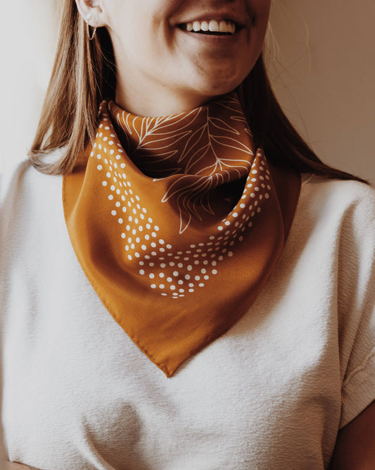 100% Silk Bandana Scarf - Tropical Palms Amber Western Style