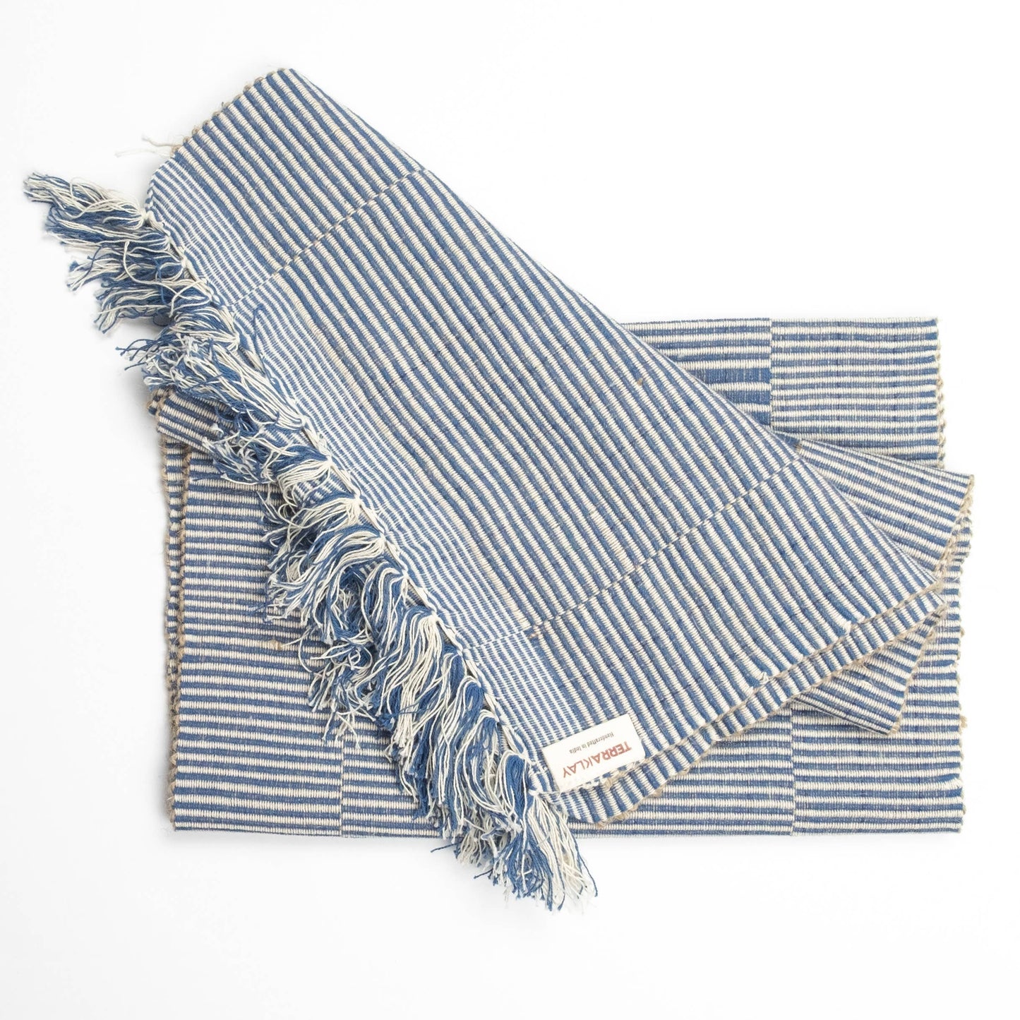 70" Blue Table Runner, Cotton Hand Loomed