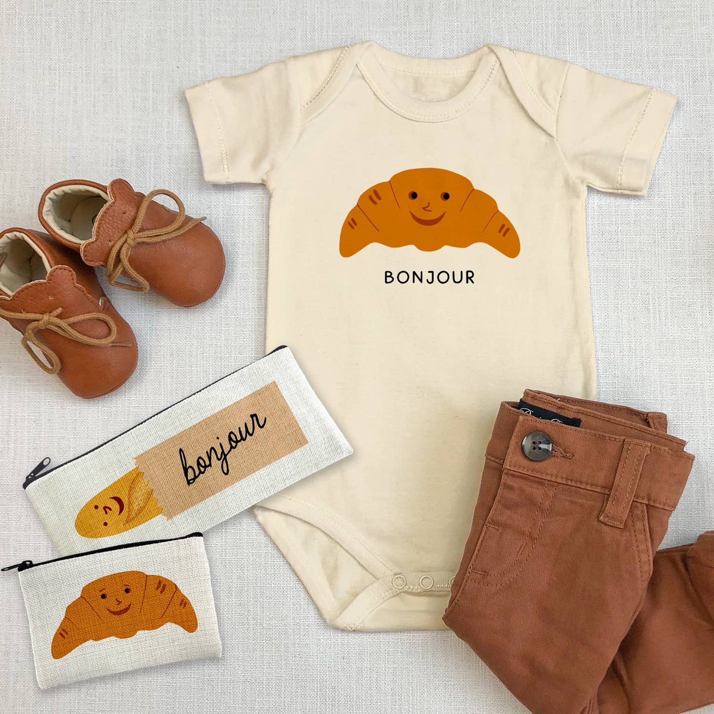 Bonjour Croissant with Cute Face Baby Bodysui