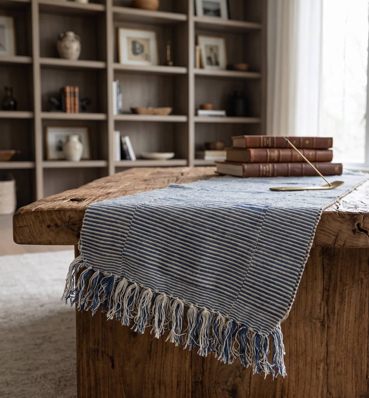 70" Blue Table Runner, Cotton Hand Loomed